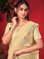 Dusty Yellow Chiffon Pattern Silk Saree With Readymade Blouse